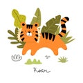 Roar. cartoon tiger, hand drawing lettering. flat style, colorful vector for kids.