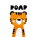 Roar. cartoon tiger, hand drawing lettering. flat style, colorful vector for kids.