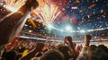 The roar of the crowd echoes through the stadium as confetti and fireworks punctuate their jubilation