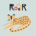 Roar - Cute kids hand drawn nursery poster with jaguar animal and lettering. Color vector illustration.