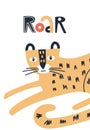 Roar - Cute kids hand drawn nursery poster with leopard animal and lettering. Color vector illustration.