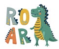 Roar dinosaur vector illustration background. Cute green smiling dino near big hand drawn letter text. Kid baby boy Royalty Free Stock Photo