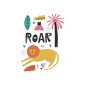 Roar lettering word. Vector cartoon lion character, palm tree