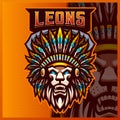 Lion Indian mascot esport logo design illustrations vector template, Chief Apache logo for team game streamer youtuber banner