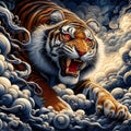 A roar tiger comes out from the clouds, ukiyo style, Japanese art, bold painting art, charming, animal