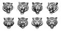 Roar tiger icons. Aggressive dangerous tigers heads black tattoo logo elements on white, danger wildcat vector faces