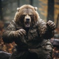 Roaring bear in the forest in human clothing takes a boxer pose. AI generation