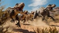 Roaring carnivorous dinosaurs flock of hunters running fast. Generative AI