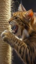 Roaring cat pet photographed up close, showcasing intense scratching