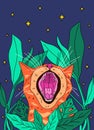 Roaring cat poster. Abstract ginger cat face with plants, modern hand drawn cartoon flat art, cute character design