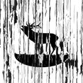 Roaring deer on vintage wood. Black and white illustration