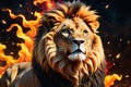 roaring fantasy lion, mane ablaze with flames, surrounded by mystical glowing lights mid-roar