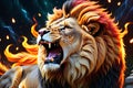 roaring fantasy lion, mane ablaze with flames, surrounded by mystical glowing lights mid-roar