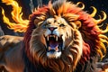 roaring fantasy lion, mane ablaze with flames, surrounded by mystical glowing lights mid-roar