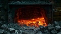 A roaring furnace filled with redhot liquid that glows in the darkness of the smelting room