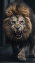 Intense Close-Up of an Angry Lion Charging. Generative AI
