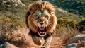 A charging lion advances, in a ferocious attack stance. Generative AI
