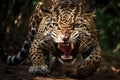 Roaring jaguar in the rainforest