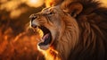 Roaring lion close-up, side view, portrait of a lion evening in the African jungle, generative ai