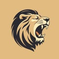 Roaring lion head profile, fierce animal expression, beige background. Majestic lion, wild cat, power and strength