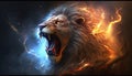 Roaring Mighty Fantasy Lion with Flames and Glowing Aura. Generative ai