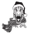 Roaring T-Rex in Santa Clouses hat and scarf. Christmas clothes print or sticker design. Black and white Royalty Free Stock Photo