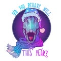 Roaring T-Rex in Santa Clouses hat and scarf. Christmas clothes print or sticker design. Neon Colored