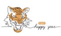 Roaring tiger head. One continuous line art drawing. Color vector illustration, banner, poster, background. Asian new Royalty Free Stock Photo