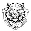 Roaring tiger head in simple heraldic shield - black and white vector design for security concept coat of arms Royalty Free Stock Photo