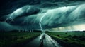 Roaring tornado in lightning storm, showcasing raw force of nature in dramatic display