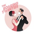 Roaring Twenties. Flapper girl and elegan man dancing, wearing retro clothes and face mask Royalty Free Stock Photo