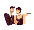 roaring twenties party, man invites a woman with mouthpiece and long beads to Charleston dance. Flirting, coquetry Royalty Free Stock Photo