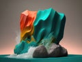 Roaring waves of colours dabbling onto a pond of rock. Podium, empty showcase for packaging product presentation, AI