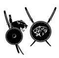 Tiger and panther with samurai katana sword and shield black and white vector design set Royalty Free Stock Photo