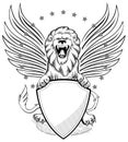 Roaring Winged Lion with Shield Insignia Royalty Free Stock Photo