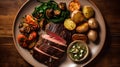 Roast beef with baked potatoes and spinach on wooden background. Top view. Royalty Free Stock Photo