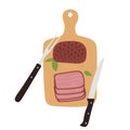 Roast beef cut on wooden cutting board with knife. Big slice of smoked pork ham Royalty Free Stock Photo