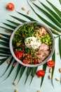 Roast beef pokeh with poached egg and vegetables Royalty Free Stock Photo