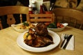 Roast beef served with cauliflower cheese, a dish of mixed fresh vegetables & gravy Royalty Free Stock Photo