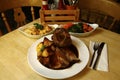 Roast beef served with cauliflower cheese, a dish of mixed fresh vegetables & gravy Royalty Free Stock Photo