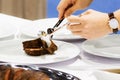 Roast beef and slice, chef`s hands cutting roast beef, Carving roast beef Royalty Free Stock Photo