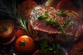 Roast beef with tomatoes and herbs on a black background, close-up. Meat with spices and sauce. Baked meat. Delicious dish.