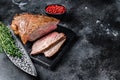 Roast beef tri tip steak bbq. Black background. Top view. Copy space Royalty Free Stock Photo