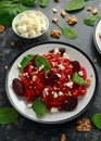 Roast Beetroot Pasta with spinach, walnuts and feta cheese. healthy food