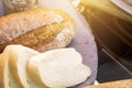 The roast bread and slice bread on the disk. Royalty Free Stock Photo