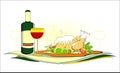 Roast chicken with bottle of wine on served table Royalty Free Stock Photo