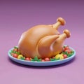 Roast chicken 3d icon in plastic cartoon style. Minimalistic 3d illustration of Christmas baked chicken. Stylized