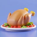 Roast chicken 3d icon in plastic cartoon style. Minimalistic 3d illustration of Christmas baked chicken. Stylized