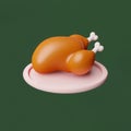 Roast chicken 3d icon in plastic cartoon style. Minimalistic 3d illustration of Christmas baked chicken. Stylized