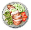 Roast chicken fillet and vegetables. Watercolor illustration Royalty Free Stock Photo